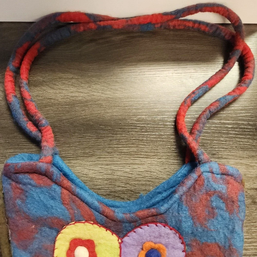 Vintage Handmade Felted Wool Double Strap Bag Purse Boho Hippie‎ Flower Tie Dye